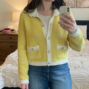 Yellow MAJE Collared Metallic Bouclé Cardigan with Horsebit Detail